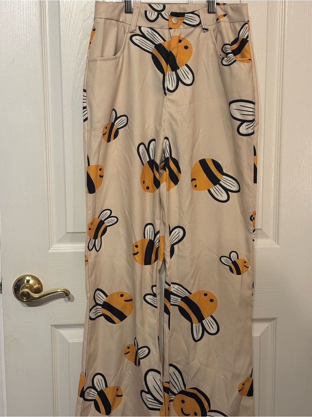 SHEIN Beige Straight Leg Pants with Yellow & Black Bee Motif